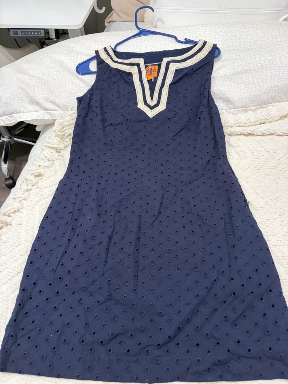 Tory Burch Navy Eyelet Top with Ivory Trim